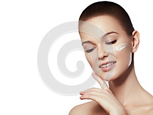 Beauty woman face portrait. Beautiful spa model girl with perfect fresh clean skin. Brunette female smiling