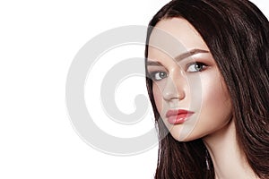 Beauty Woman Face Portrait. Beautiful Spa Model Girl with Perfect Fresh Clean Skin. Gentle Bride Make-up