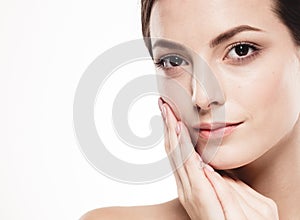 Beauty Woman face Portrait. Beautiful Spa model Girl with Perfect Fresh Clean Skin. Isolated white background