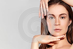 Beauty Woman Face Portrait. Beautiful Spa Model Girl with Perfect Fresh Clean Skin. Youth and Skin Care Concept