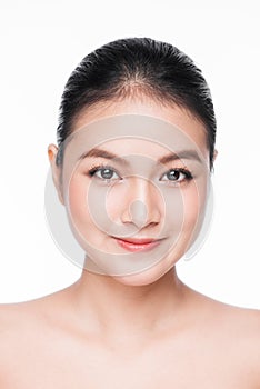 Beauty Woman face Portrait. Beautiful Spa model Girl with Perfect Fresh Clean Skin. Youth and Skin Care Concept. Isolated on a