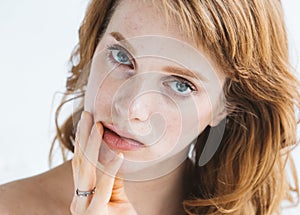 Beauty Woman face Portrait with hands Beautiful Spa model Girl. Youth and Skin Care Concept