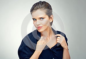 Beauty woman face portrait isolated on studio background.