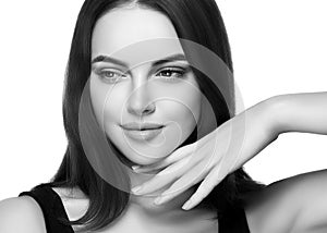 Beauty Woman face Portrait with manicure nails. Beautiful Spa mo