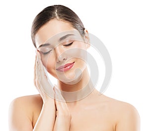 Beauty Woman Face Portrait. Spa Model Clean Fresh Skin Care. Perfect Facial and Hand Nails Treatment. Isolated White