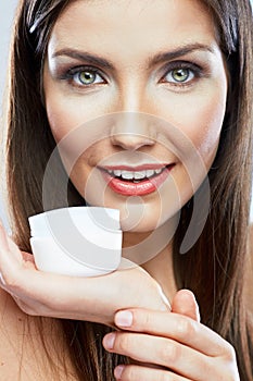 Beauty woman face skin care. Close up portrait. White backgroun