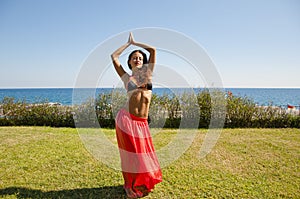 Beauty. woman with fit belly. Spa and relax. Summer vacation and travel. Suntan. Woman dancing with body. Perfect