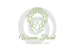 Beauty Woman Girl Lady Female Head Face with Floral Flower Leaf Line Outline for Herbal Wellness Spa or Cosmetics Logo Design