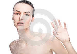 Beauty woman girl natural makeup through wet glass