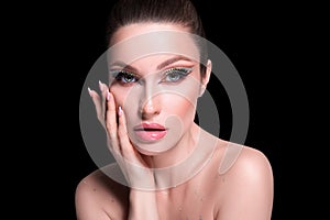 Beauty woman healthy skin concept natural makeup beautiful model girl face hands touching manicure nails