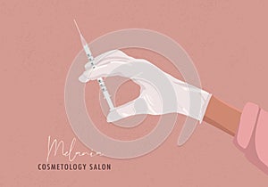 Beauty woman injection, smooth skin, lips filler, cosmetology aesthetic social media illustration. Hand-drawn vector cartoon art photo