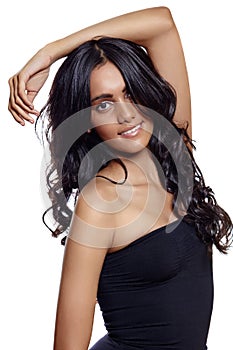 Beauty woman with long balck curly hair