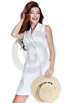 beauty woman long brunette hair wear cotton dress summer co