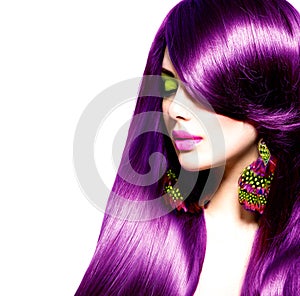 Beauty woman with long healthy purple hair