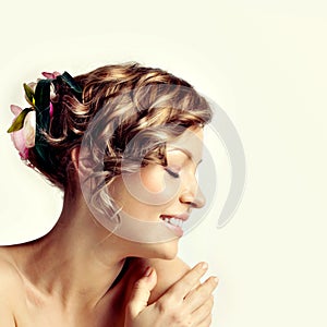 Beauty woman portrait, hairstyle with flowers