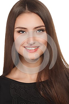 Beauty woman portrait of teen girl beautiful cheerful enjoying with long brown hair and clean skin isolated on white background