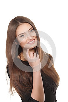 Beauty woman portrait of teen girl beautiful cheerful enjoying with long brown hair and clean skin isolated on white background