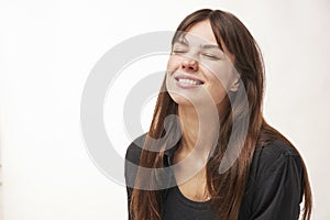 beauty woman portrait of teen girl beautiful cheerful long brown hair and clean skin isolated on white background