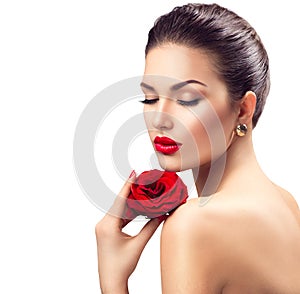 Beauty woman with red rose flower