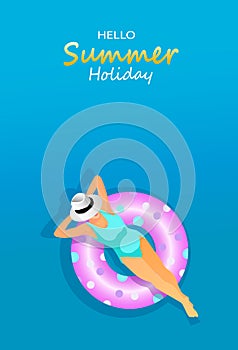 A beauty woman relaxing on donut lilo in the pool at a gorgeous summer vacation. summer holiday concept