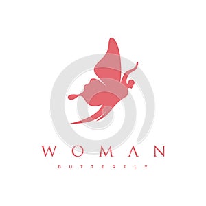 Beauty Woman Silhouette with Flying Butterfly logo design