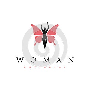 Beauty Woman Silhouette with Flying Butterfly logo design