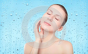 Beauty woman, skin care and freshness background with drops