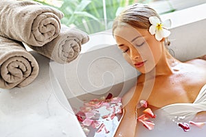 Beauty Woman Spa Body Care Treatment. Flower Bath Tub. SkinCare