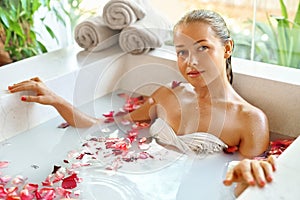 Beauty Woman Spa Body Care Treatment. Flower Bath Tub. SkinCare