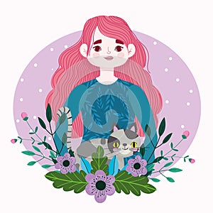 beauty woman with spotted cat pet animal and flowers cartoon