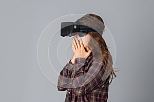 Beauty woman testing virtual reality glasses