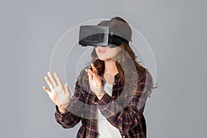 Beauty woman testing virtual reality helmet