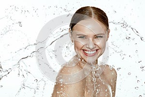 Beauty. Woman With Water On Face And Body. Spa Skin Care