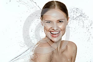 Beauty. Woman With Water On Face And Body. Spa Skin Care