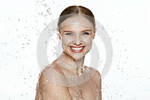 Beauty. Woman With Water On Face And Body. Spa Skin Care
