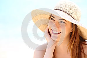 Beauty woman with white teeth smile looking sideways