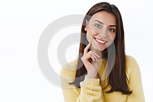 Beauty, women face concept. Close-up portrait of beautiful young modern brunette woman with no blemishes and makeup