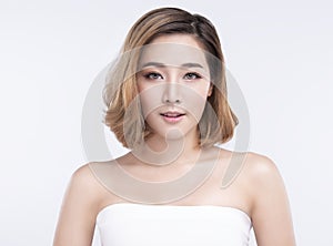 Beauty Young asian woman with perfect facial skin. Gestures for advertisement treatment spa and cosmetology