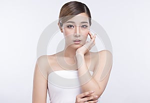 Beauty Young asian woman with perfect facial skin. Gestures for advertisement treatment spa and cosmetology