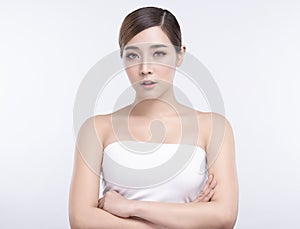 Beauty Young asian woman with perfect facial skin. Gestures for advertisement treatment spa and cosmetology