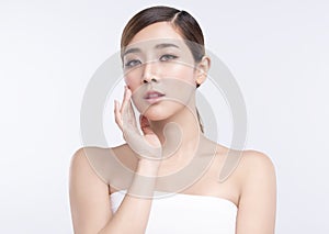 Beauty Young asian woman with perfect facial skin. Gestures for advertisement treatment spa and cosmetology