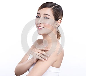 Beauty Young asian woman with perfect facial skin. Gestures for advertisement treatment spa and cosmetology