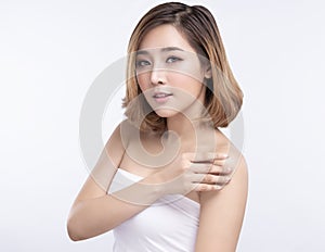 Beauty Young asian woman with perfect facial skin. Gestures for advertisement treatment spa and cosmetology