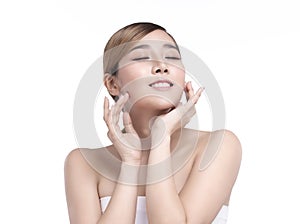 Beauty Young asian woman with perfect facial skin. Gestures for advertisement treatment spa and cosmetology