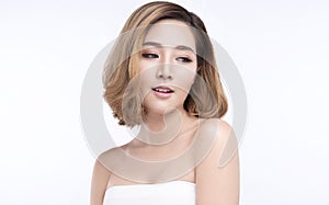 Beauty Young asian woman with perfect facial skin. Gestures for advertisement treatment spa and cosmetology