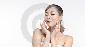 Beauty Young asian woman with perfect facial skin. Gestures for advertisement treatment spa and cosmetology