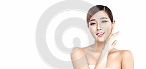 Beauty Young asian woman with perfect facial skin. Gestures for advertisement treatment spa and cosmetology