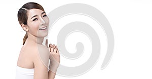 Beauty Young asian woman with perfect facial skin. Gestures for advertisement treatment spa and cosmetology on white banner