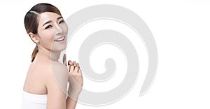 Beauty Young asian woman with perfect facial skin. Gestures for advertisement treatment spa and cosmetology on white banner photo