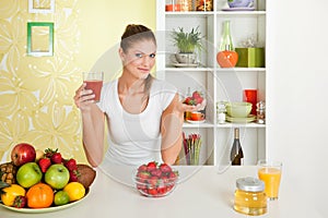Beauty, young girl holding fruit juice and strawbe
